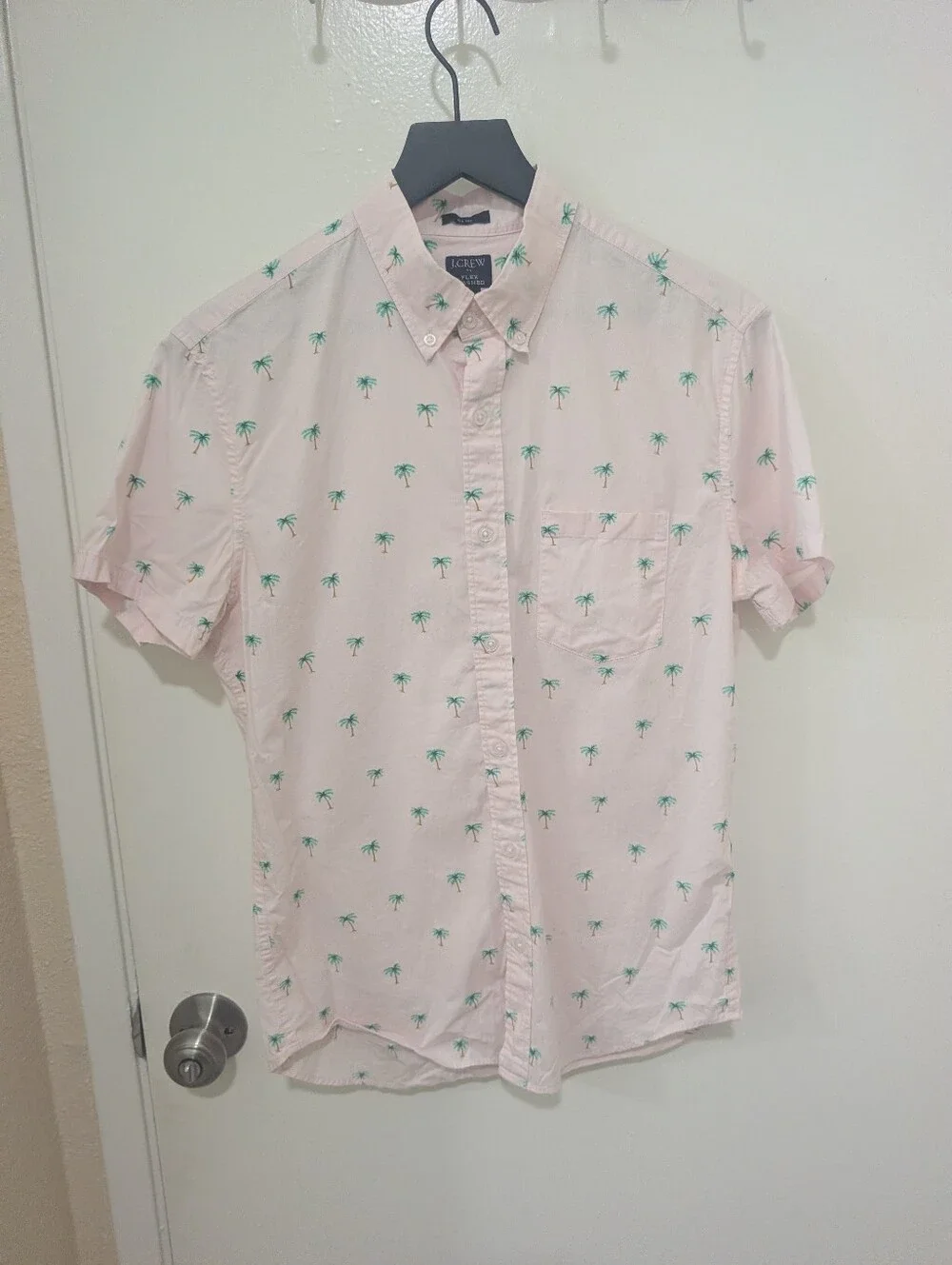 J.Crew Pink Short-Sleeve Slim Palm Tree Print Button Down Shirt